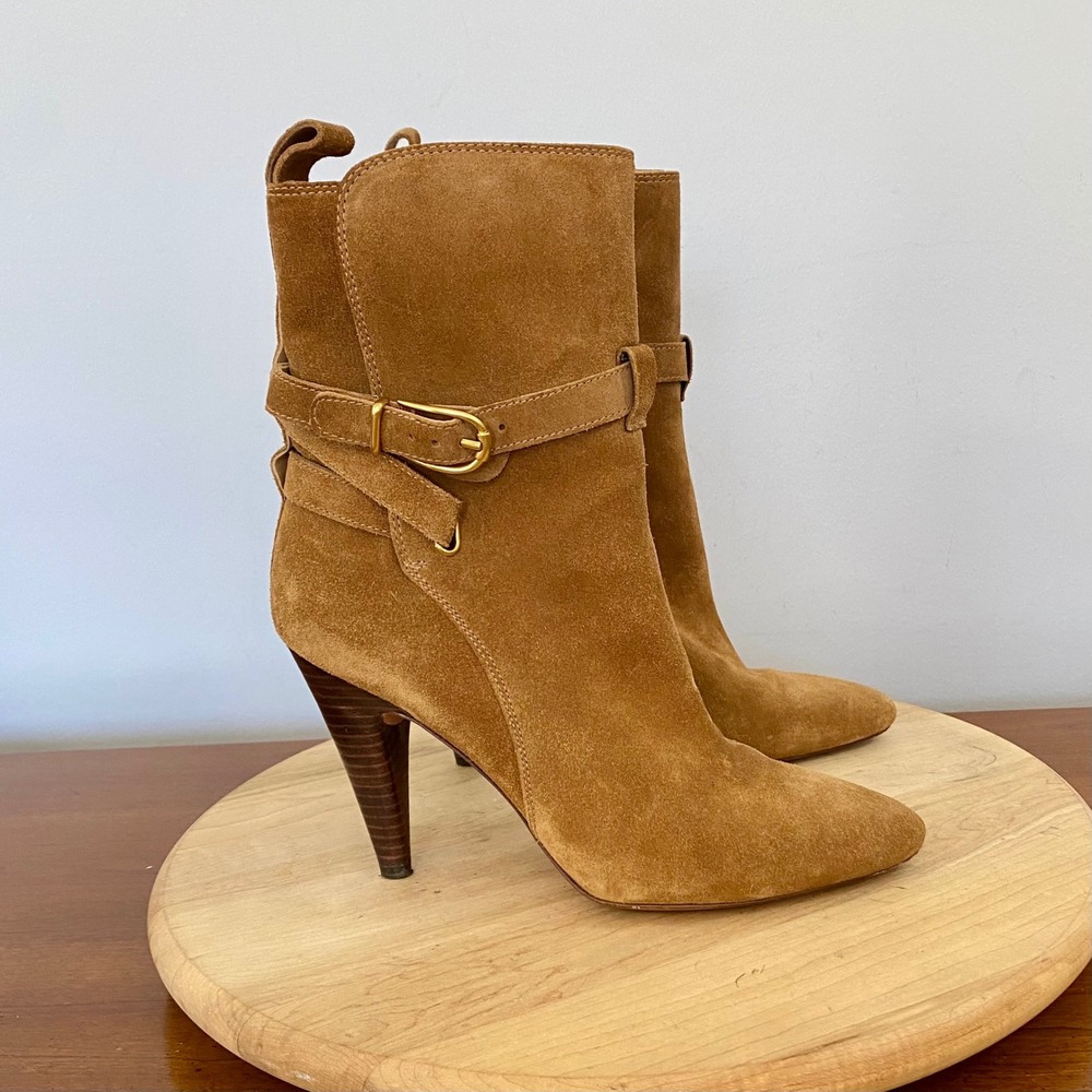 Veronica Beard Sohelia Suede Buckle Booties High Cone Heel Boots Women's 7 M